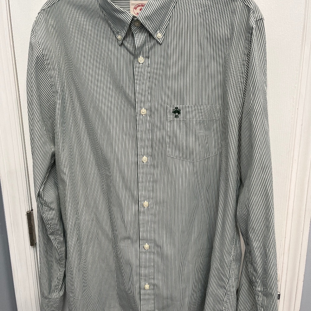 Brooks Brothers Red Fleece Button Down Shirt Men XL Green Stripe 100% Cotton